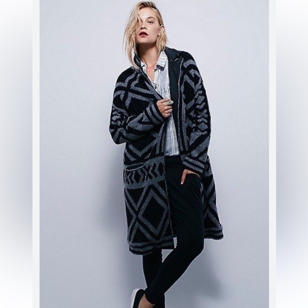 Free People Black Gray Geometric Open Front Sweater Coat Size Small